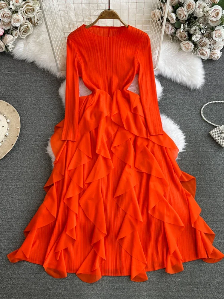Autumn Women High Waist Pleated Ruffles Korean Version A-line Ball Gown Dress Mid Length O-Neck Long Sleeve Vestidos Spring New