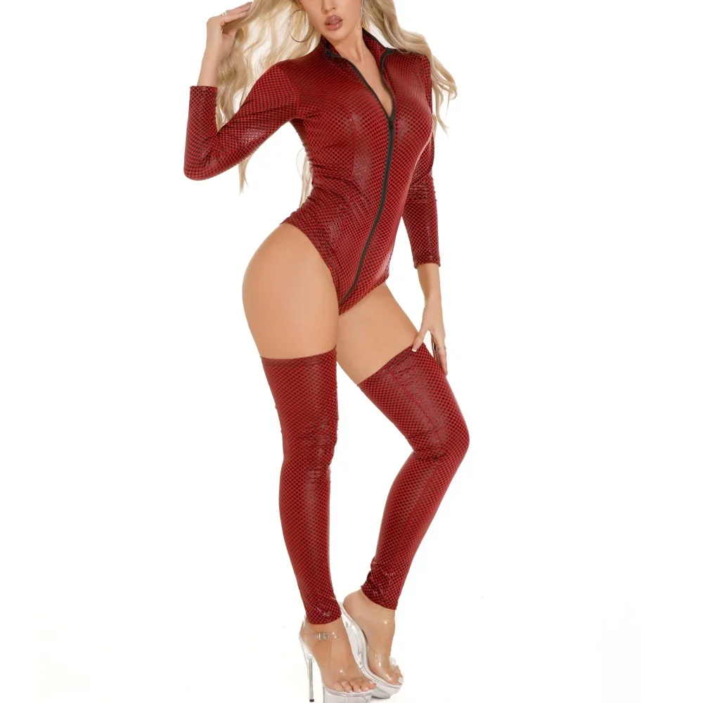 

Блестящие клетчатые комбинезоны из искусственной кожи с принтом, женские боди, сексуальные комбинезоны на молнии с открытой промежностью, трико с длинными рукавами и чулками