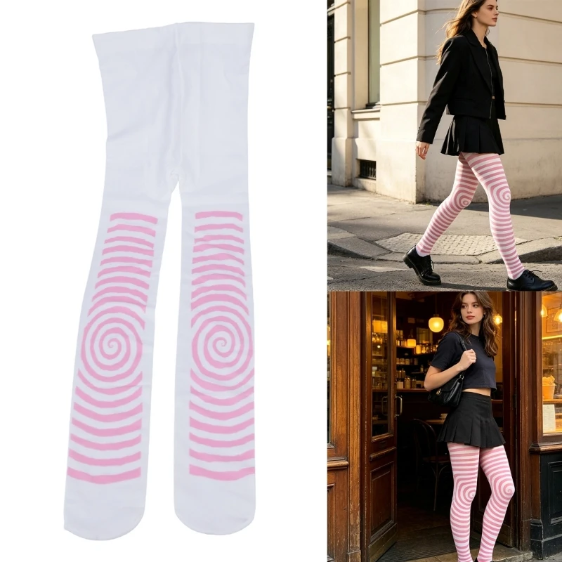 Women's Patterned Pantyhose Pink White Striped Spirals Print Footed Tights Grunge Aesthetic Stretch Stockings