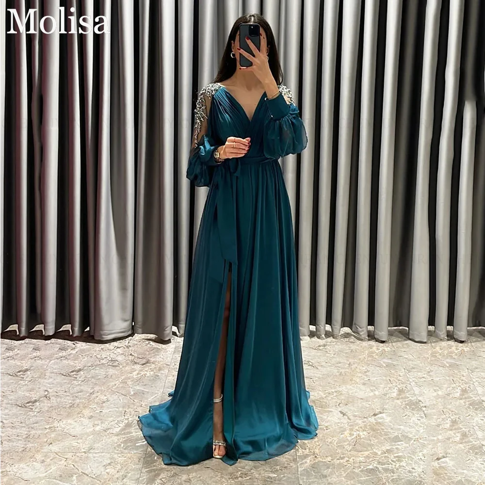 MOLISA Saudi Arabia Chiffon Elegant Formal Occasion Dresses A-Line V-Neck Belt Split Front Evening Party Gowns فساتين الحفلات