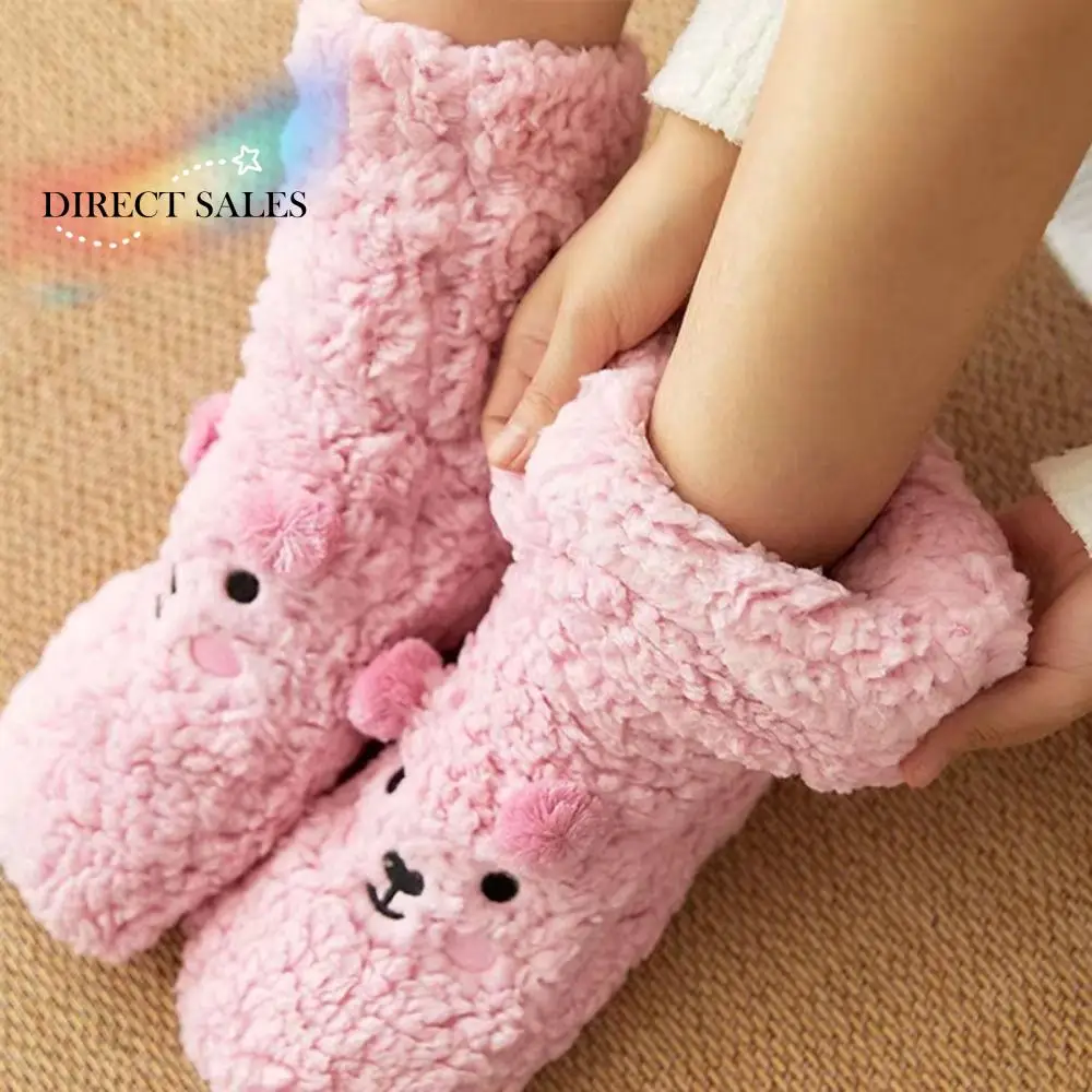 

Флисовые носки, женские зимние носки с вышивкой, противоскользящие толстые термоноски, зимние носки с рисунком животных, домашние носки