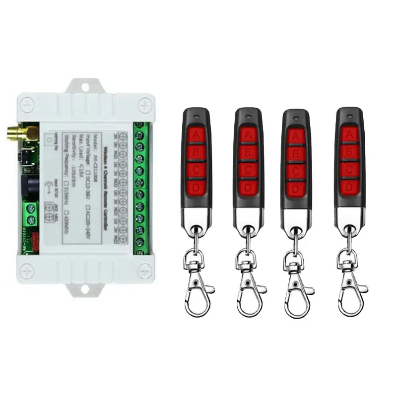 Smart Multiple DC 12V 24V 36V 10A 433MHz 4CH 4 Channel Wireless Relay RF Remote Control Switch Receiver + red Thumbs Transmitte