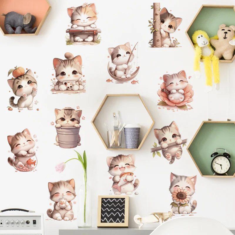 Watercolor Multi-Pose Fluffy Kitten Wall Stickers, Fishing Reading Sunflower Orange Cat Kids Bedroom Decor