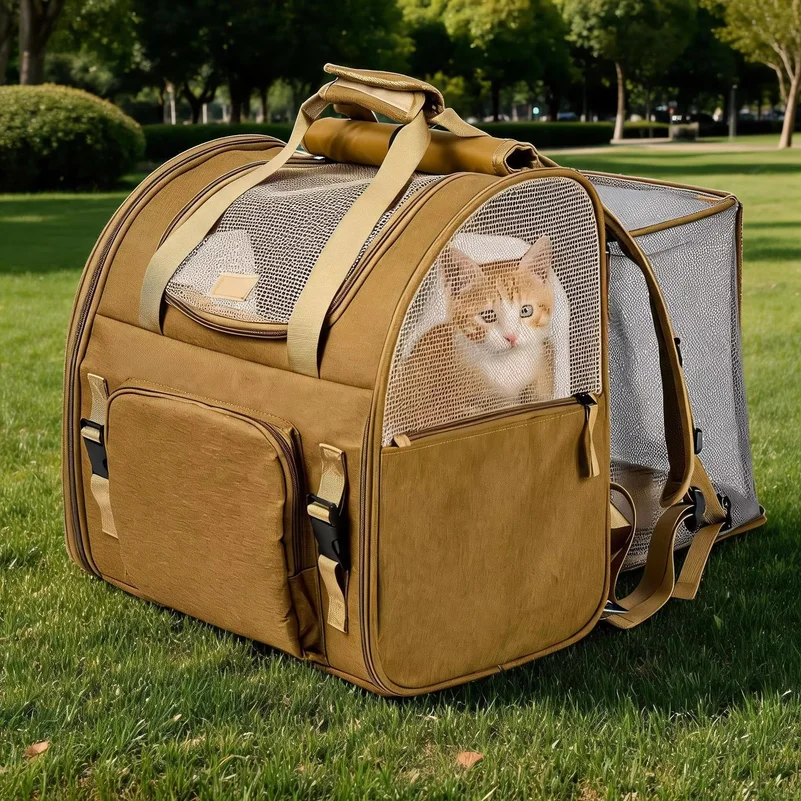Expandable Cat Carrier Mesh Backpack With Expandable Mesh Side Padded Shoulder Straps Breathable Nylon Travel Backpack