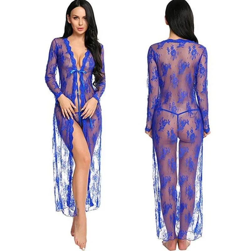 Top Fashion Women Sexy Long Dress Summer Night Dress Sleeping Dress Transparent Lace Pattern Nightgown Sleepwear Fun Underwear