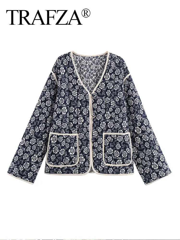 TRAFZA 2024 Female Fashion Quilted Cotton Coat Long Sleeves Floral Print V Neck With Pockets Buttons Autumn Causal Retro Jacket