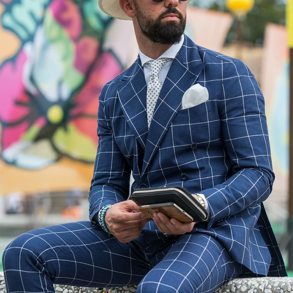 

Синий клетчатый мужской костюм в деловом стиле, повседневный пик с лацканами, приталенный наряд, куртка, брюки, двубортный деловой офисный блейзер, комплект