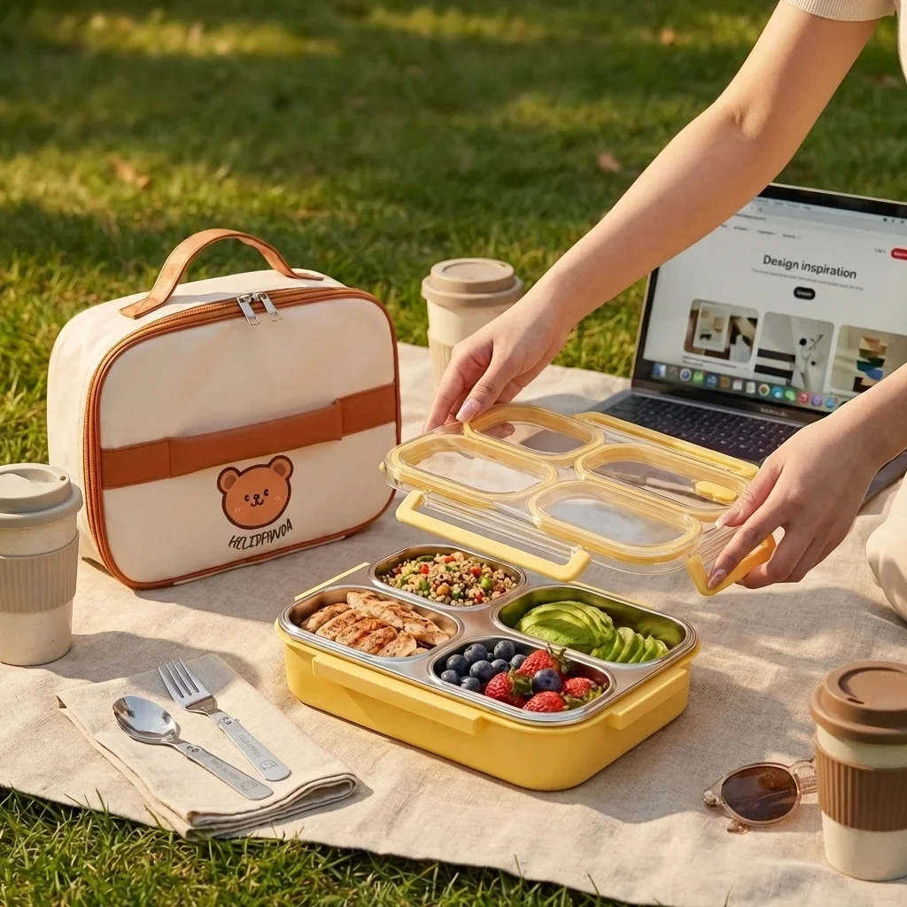 3/4 Grids 304 Stainless Steel Lunch Box Portable Large Capacity Leak Proof Divided Bento Box for Students Adult Microwave Safe
