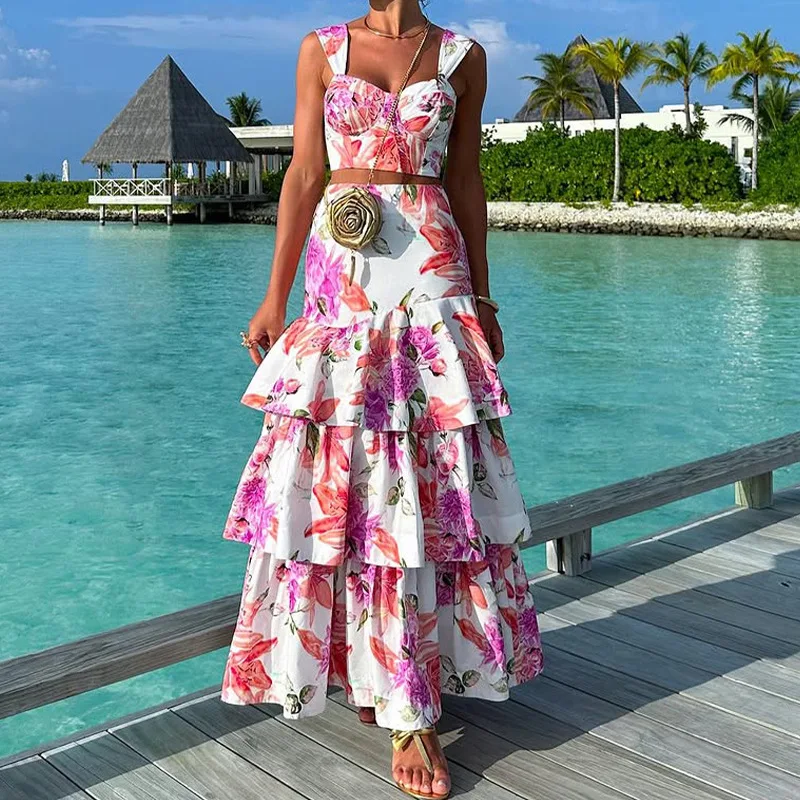 

summer New 2 piece sets woman outfit 2025 fashion printing Tops+Beach party long skirt two piece outfits woman sets outfits