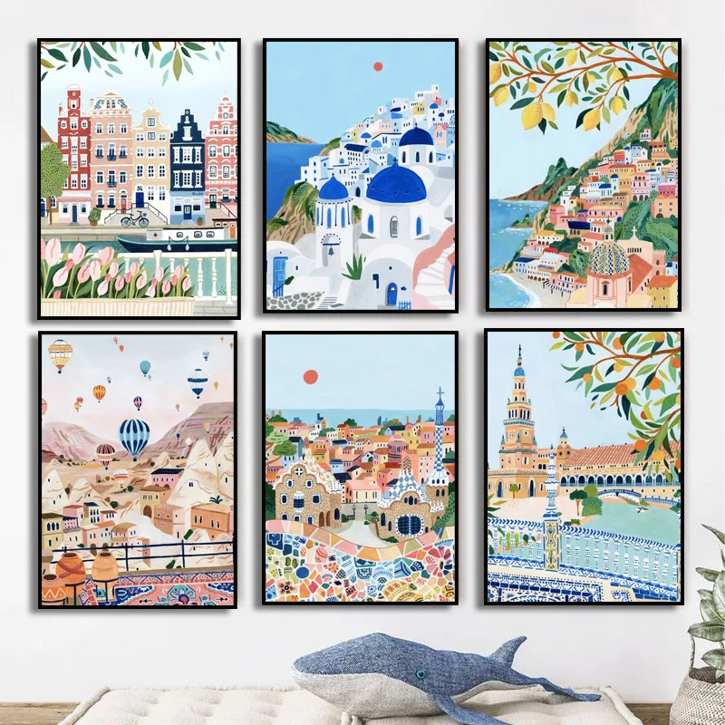 Nordic Travel City Landscape Poster Santorini Positano Barcelona Canvas Painting Holland Prints for Living Picture Home Decor