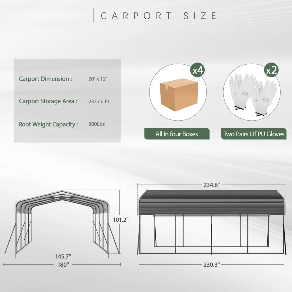 12x20 FT Carport Garage with Updated Frame Structure Galvanized Steel Roof and Enhanced Base, Heavy Duty Carport Garage