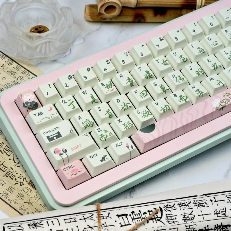Chinese Characters Green Lotus PBT Keycaps,135 Keys Cherry Profile Doubleshot Custom Keycaps Set For MX Mechanical Keyboard