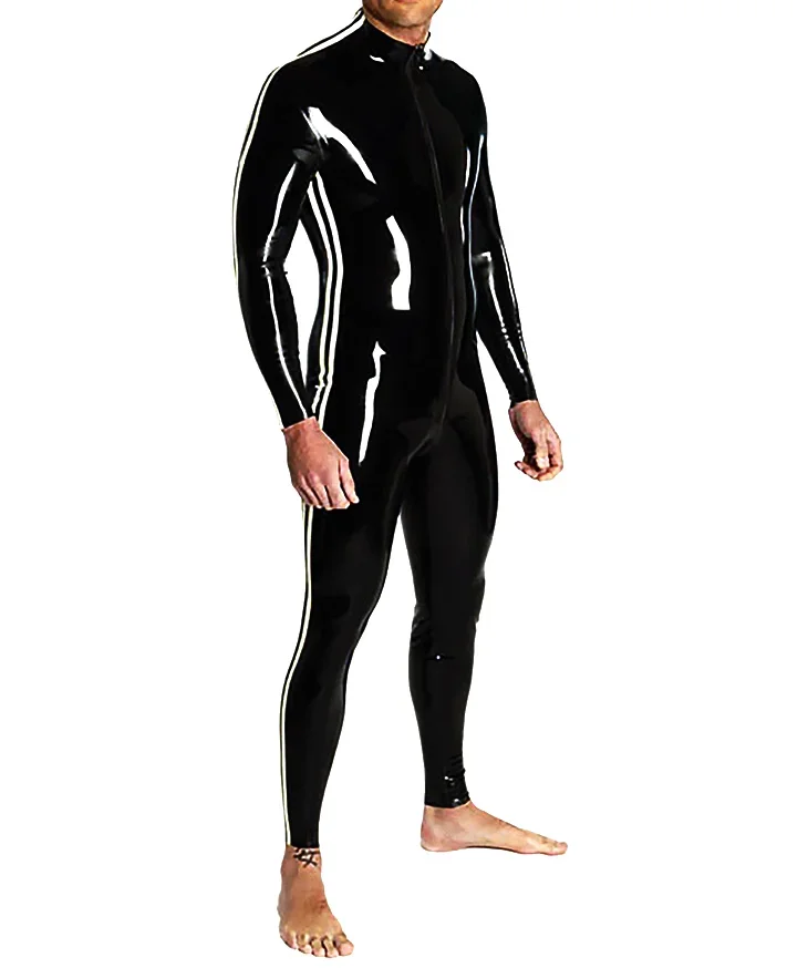 Natural Latex 100% Rubber Black Bodysuit Classic Catsuit Zentai Jumpsuit with White Stripes 0.4mm S-XXL