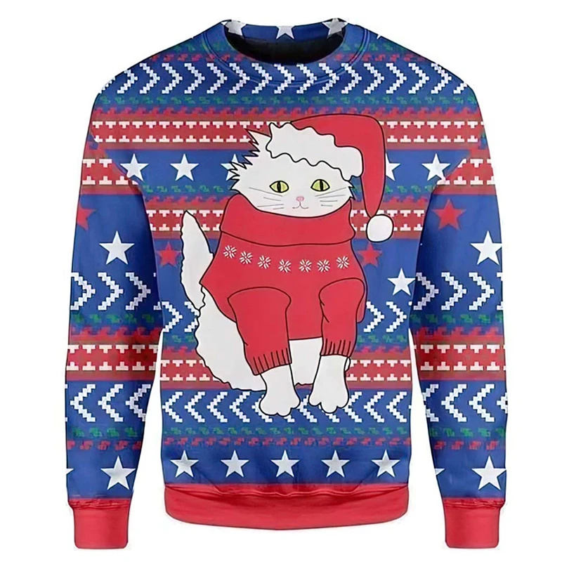 Funny Cat Graphic Ugly Christmas Sweater For Men Fashion Autumn Winter 3D Printed Xmas Sweatshirt Loose Breathable Pullovers