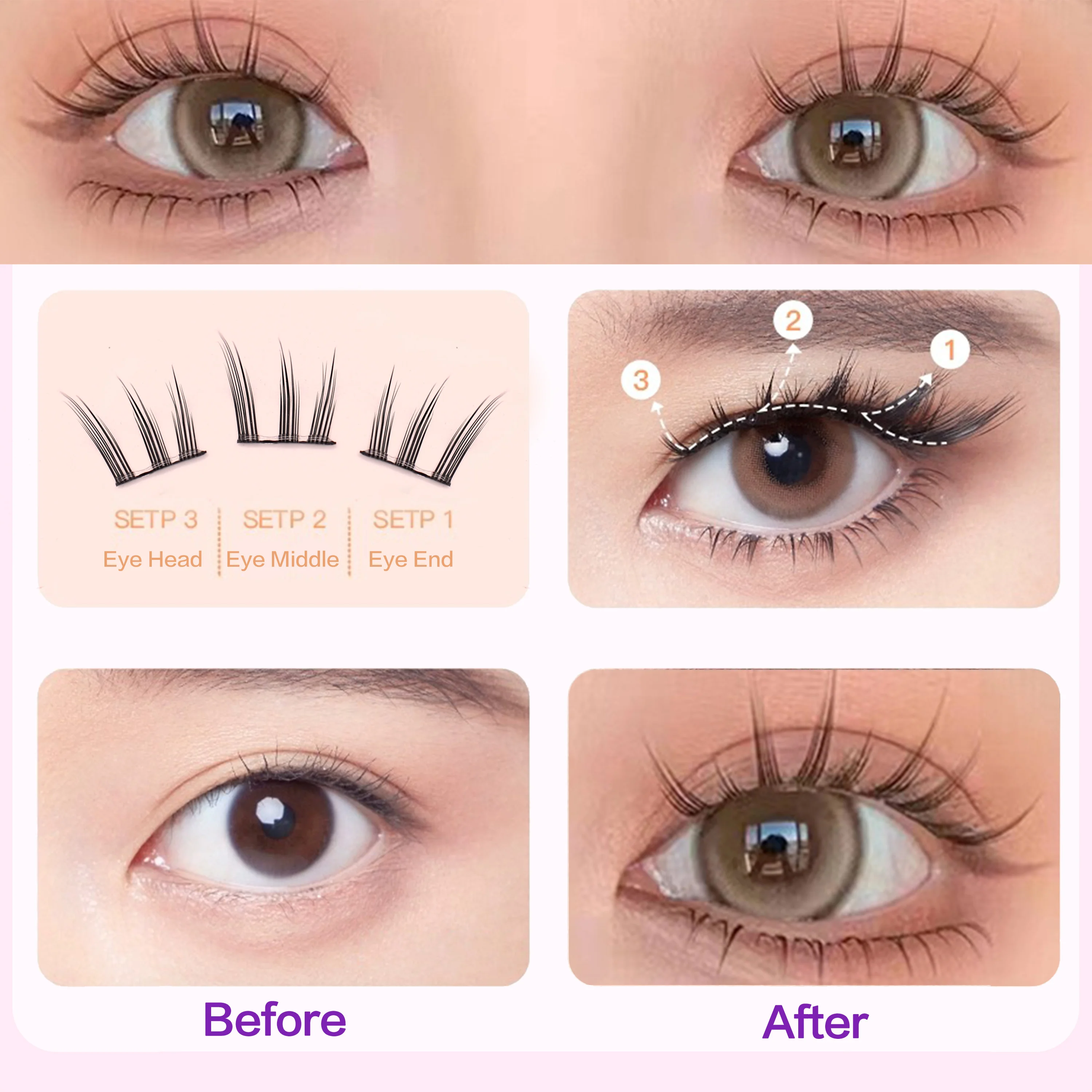 [No Glue Need] PRAECLARUS Cat Eye Glue-free Eyelashes C Curl 12mm Self Adhesive Eyelashes Diy False Eyelashes Natural Eye Lashes