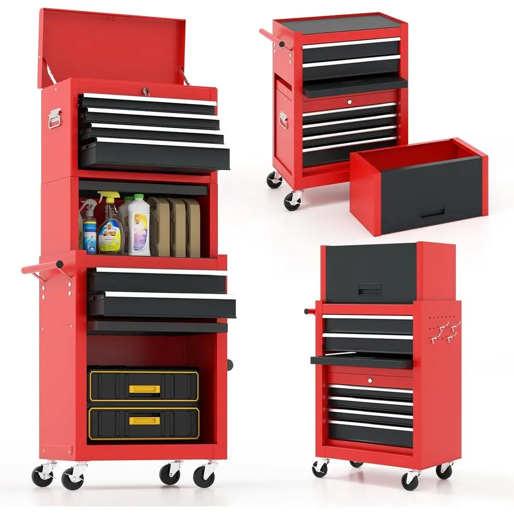 

Металлический инструментальный ящик-тележка 2-в-1 с 5 выдвижными ящиками, усиленный, на колесах, со съемной верхней частью и выдвижным шкафом для гаража или мастерской