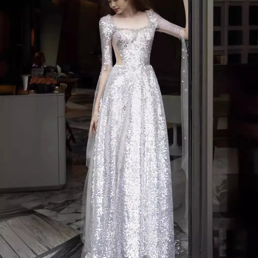 Luxury Long Evening Party Dresses For Women 2025 Gothic Silver Sequins Lace Half Sleeve Sexy Backless Women's Banquet Ball Gown