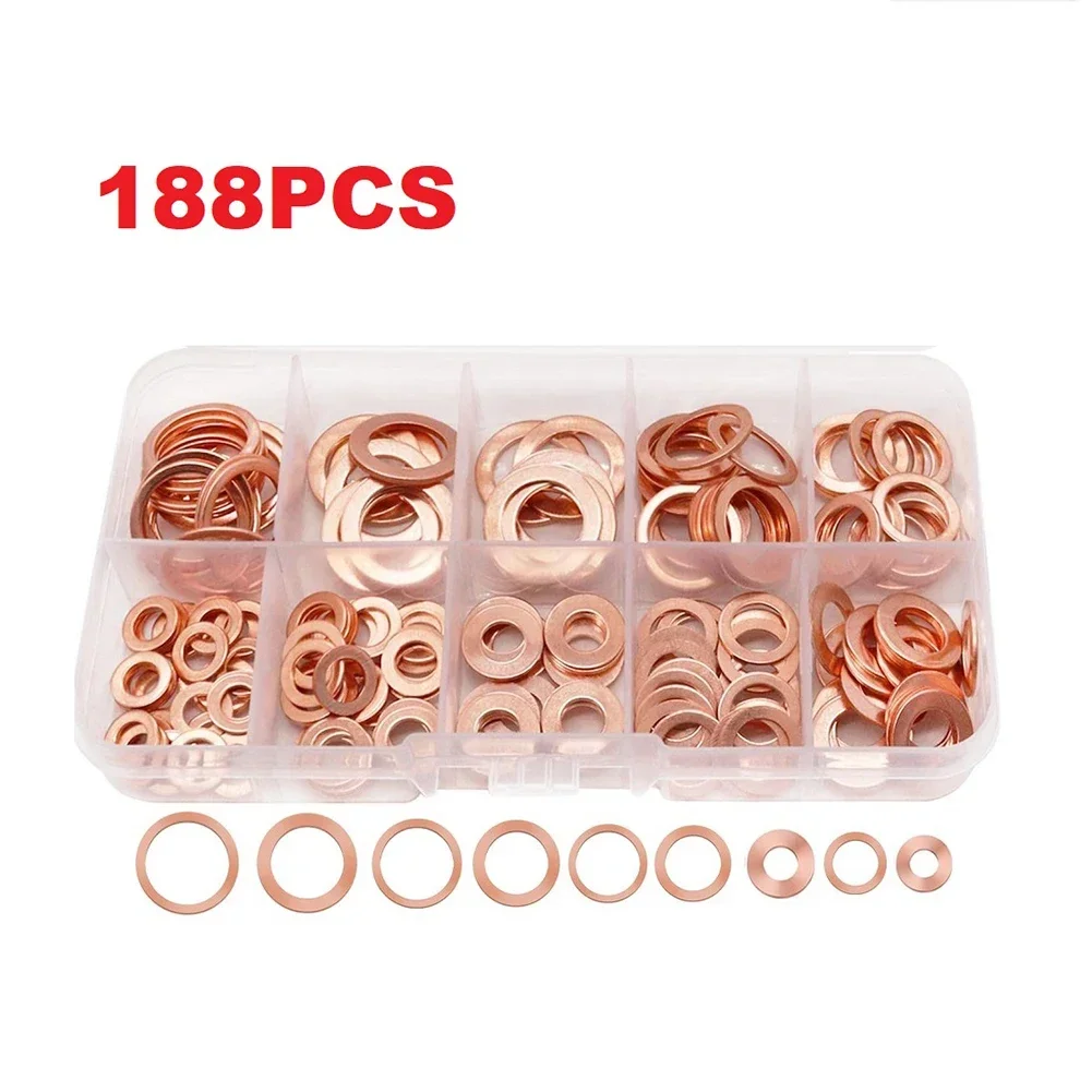 188pcs 9 Sizes Metric Copper Washers Assortment Kit Flat Ring Sealing Washer For Electrical Appliances Automobiles Air Pumps