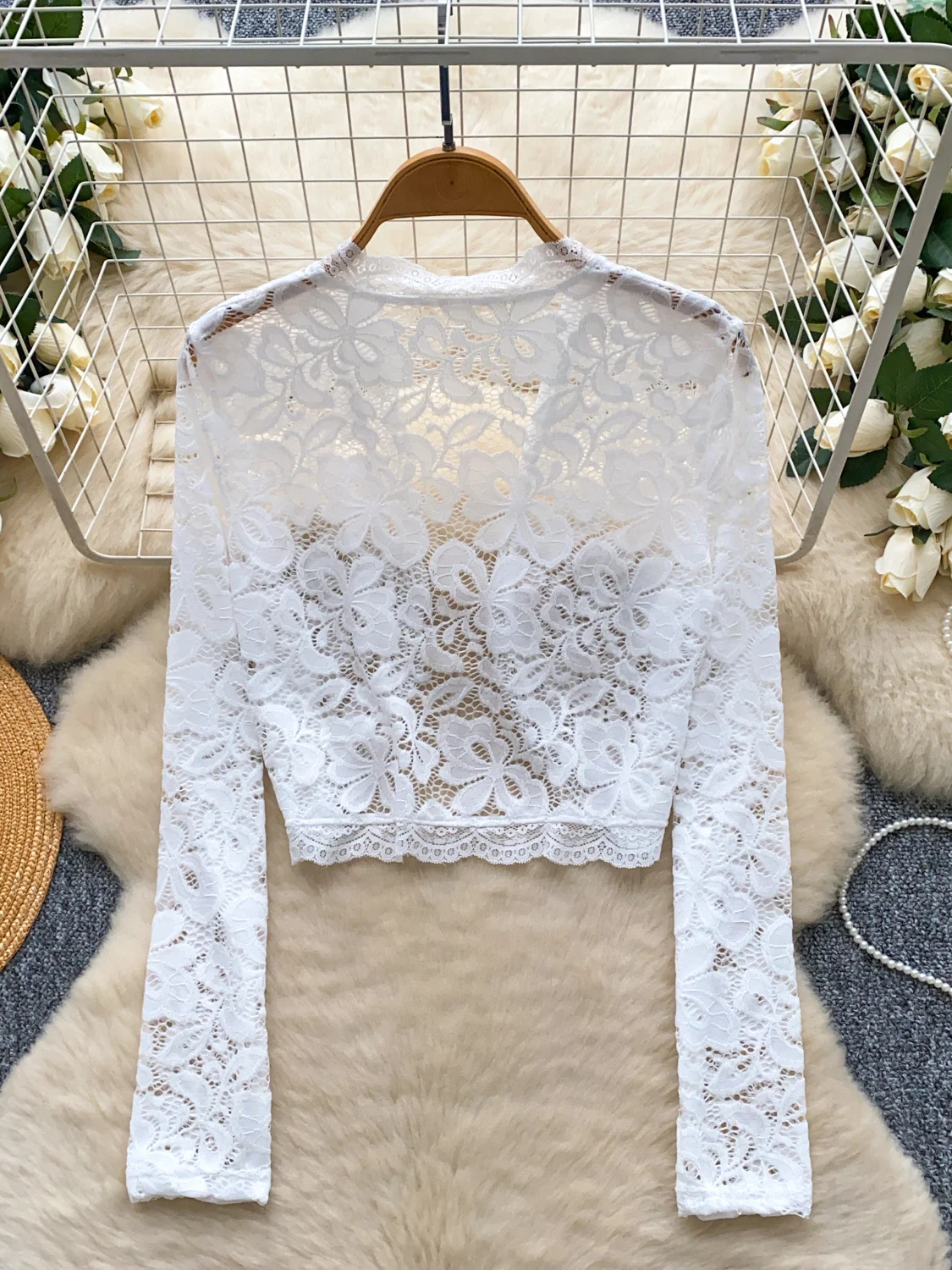 

Ele Long Sve Open Cardigan Women's Lace Hollow Me Hook Flower Sun Protection Small Jaet Top Korean Sle Loose Fit