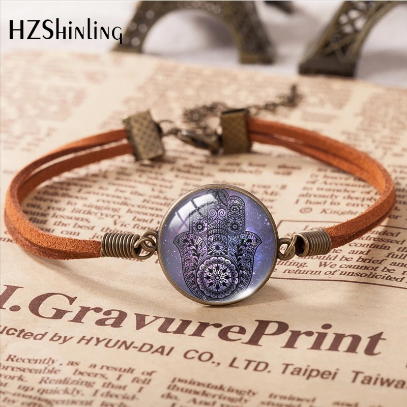 Hamsa hand Pattern Leather Bracelets Art Accessories Glass Cabochon Fashion Jewelry Gift