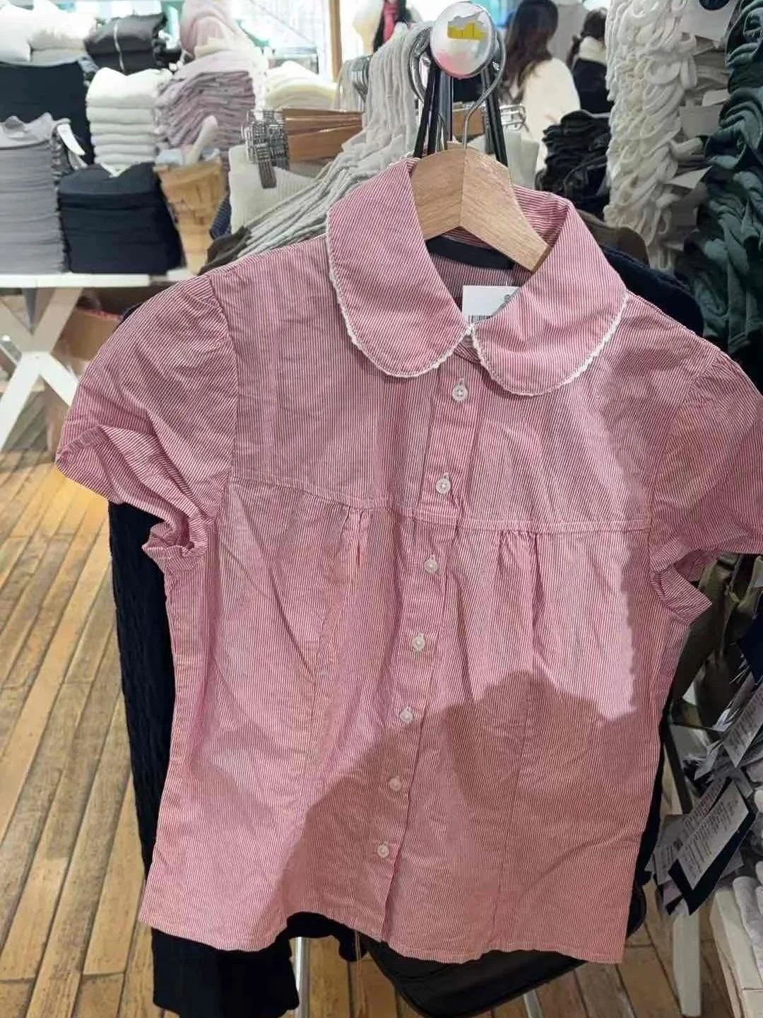 Rood Gestreepte Slanke Korte Mouw Blouse Dames Kanten Afwerking Peter Pan Kraag Single Breasted Blouses Preppy Stijl Zoete Casual Shirts