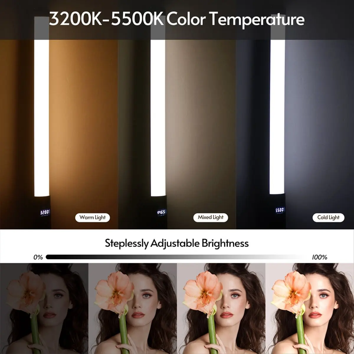 Handheld RGB Tube Light LED Video Light Wand 3200K-5500K Dimmable 10 Modes Effects Built-in Battery with Remote Control