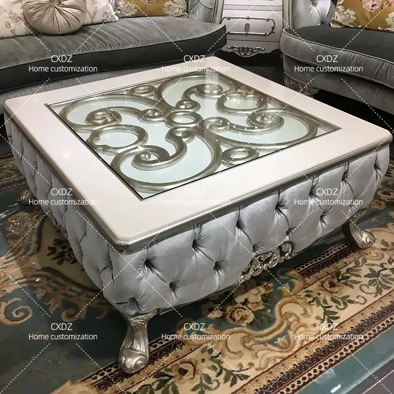 Solid Wood Large Coffee Table Luxury Square Tea Table Living Room Neoclassical Tempered Glass Storage Centerpiece Furniture
