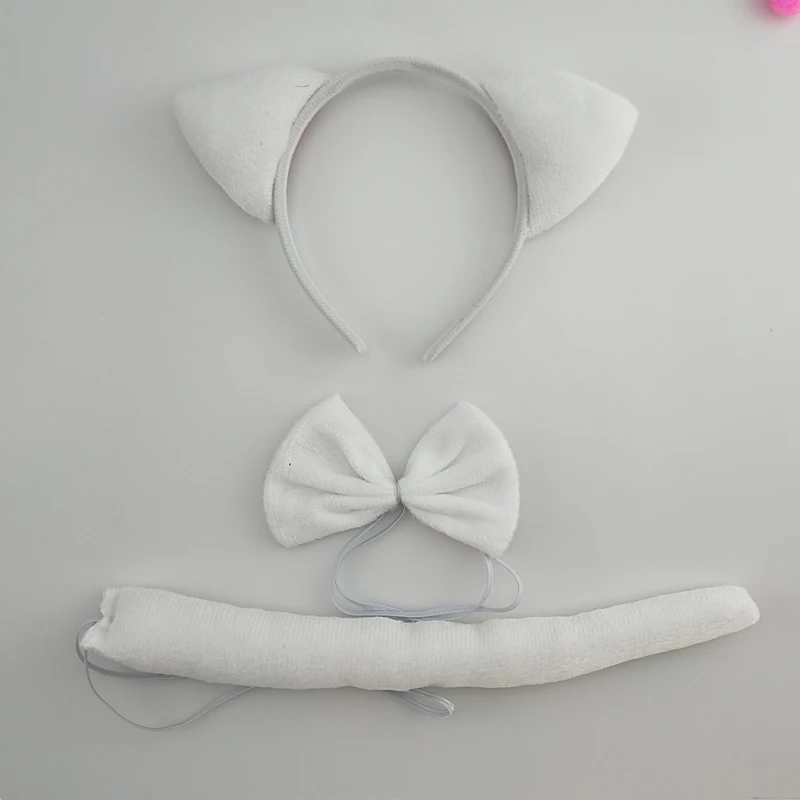 Adult Kids Animal Ear White Cat Headband Bow Tie Tail Paws   Set  Party Fancy Dress Up Prop    Halloween Costume Cosplay