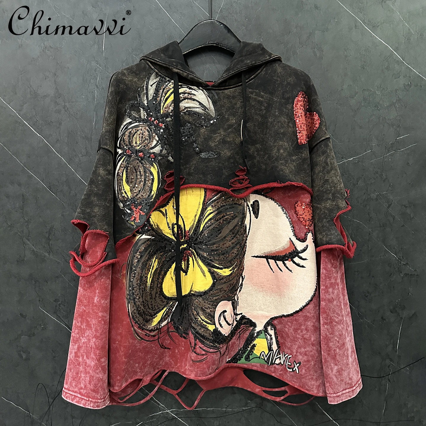 2025 Autumn New Fashion Heavy Distressed Fake Two-piece Cartoon Girl Hooded Color-blocking Sweatshirt Women's Loose Casual Top