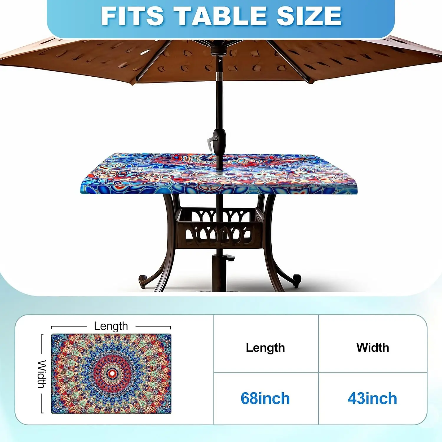 2 Pcs Outdoor Tablecloth with Umbrella Hole | 68'' x 43'' Rectangular Mandala Elastic Waterproof Zipper Camping Table Cover