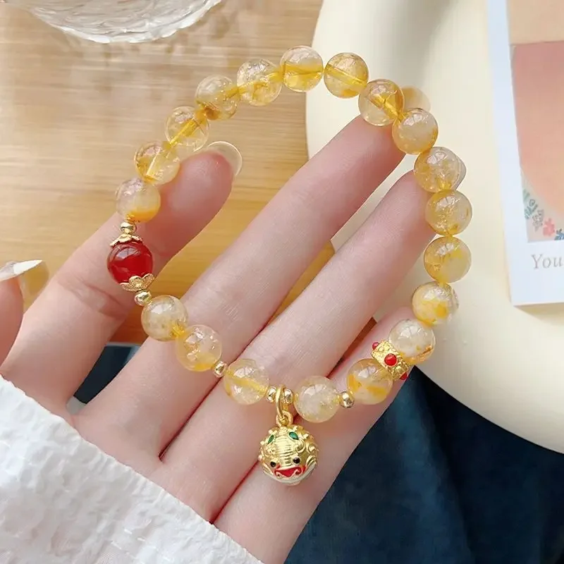 Pulseira feminina citrina natural, despertar joias do sino do leão, pernoite de templo rico mesmo estilo, presente de namorada de alta qualidade, boa sorte, boa sorte