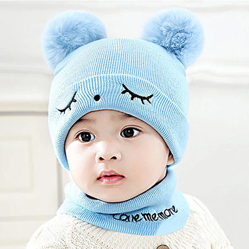 Topi rajut bayi, 2 buah/Set hangat musim dingin musim gugur topi syal Set warna Solid perempuan anak laki-laki topi bordir bayi untuk anak-anak