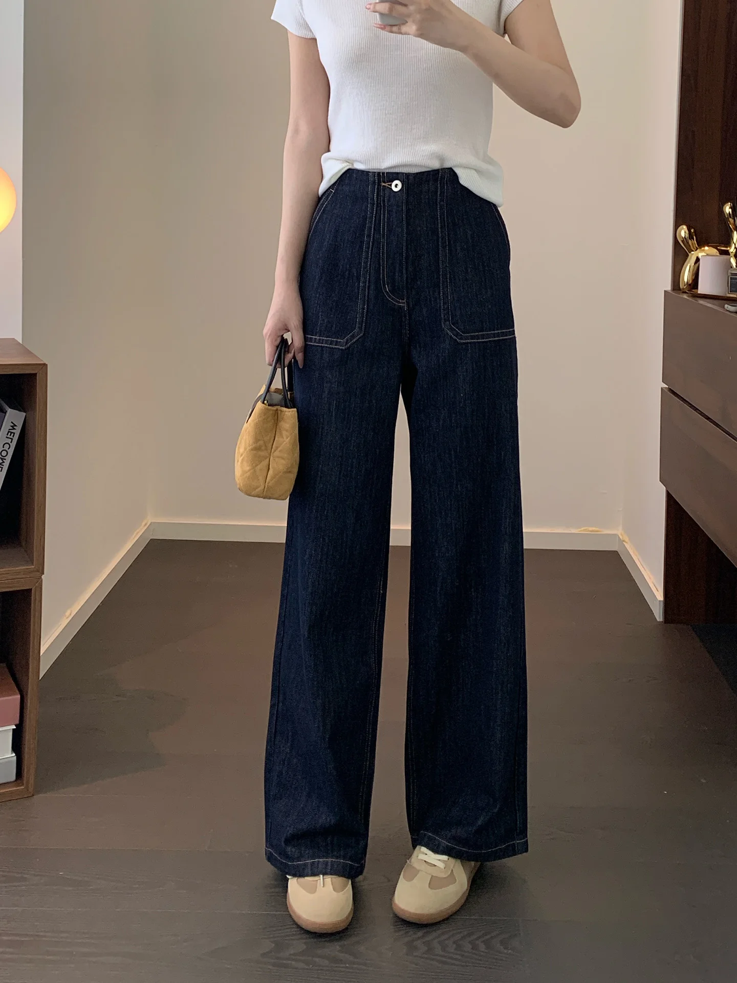 

American Retro Cotton Lyocell High Waist Loose Straight Leg Pants Original Color Denim Casual High Waist Straight Leg Jeans