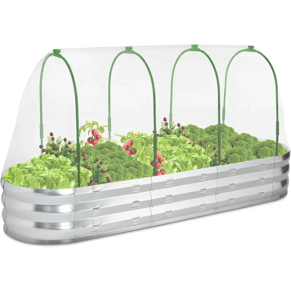 

Garden Bed with Greenhouse Galvanized Planter Box with 2 Greenhouse Cover for Outdoor Gardening Garden Box