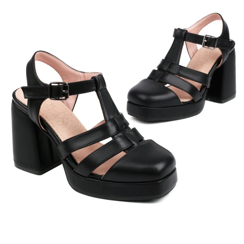 Square Toe Platform Sandals Women Summer Hollow Out Chunky Heel Shoes Women T-Strap 9CM High Heels Sandalias Mujer LWSH5652 view 4