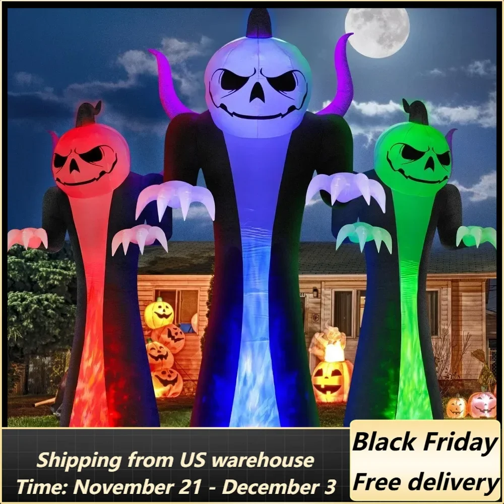 12FT Halloween Inflatables Decoration Outdoor Giant Pumpkin Reaper Ghost with 3-Colored Rotation Flame LEDs Spooky Halloween