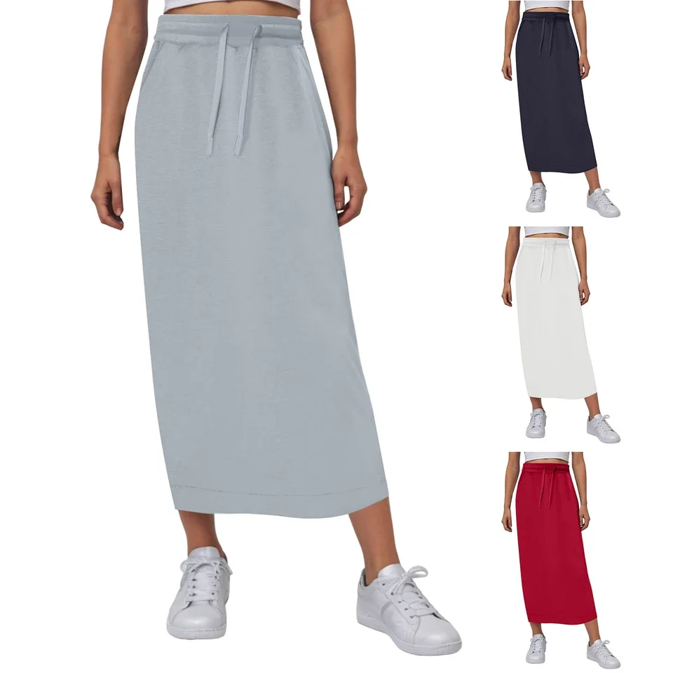 Women Midi Skirts Summer Elastic Waist Adjustable Drawstring Skirts With Pockets Fitness Short Skirts