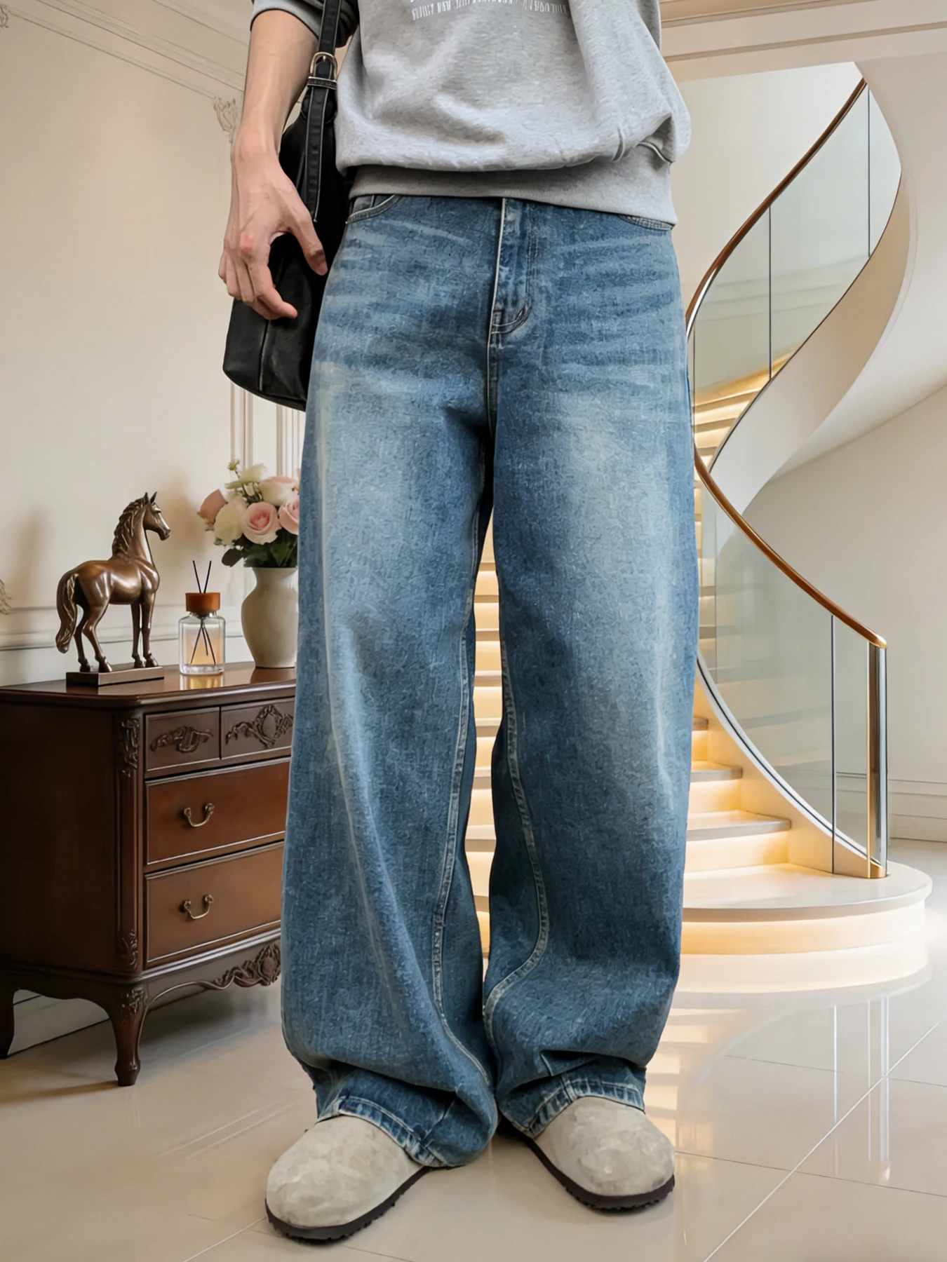 

Plus-size American street-style jeans, loose wide-leg drapey pants, men's extra-fatt and large commuting casual long pants