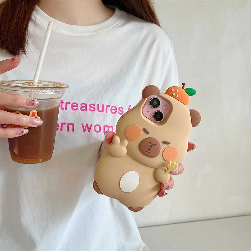 

Suitable for Iphone Capybara Phone Case 3D Cartoon Orange Design Soft Silicone Protective Cover for IPhone Kawaii Phone Shell
