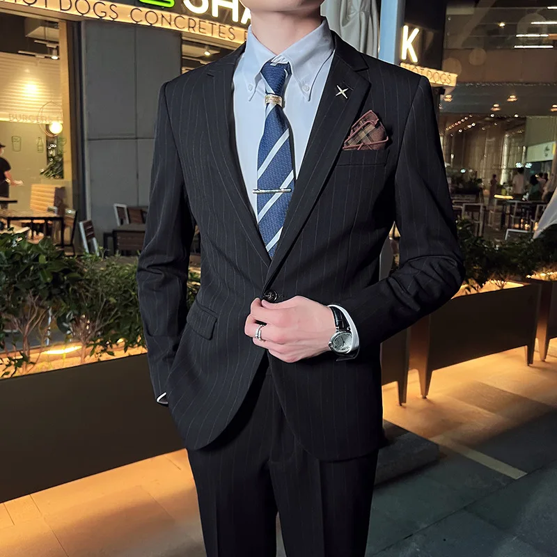 2024 High-quality Fashion Slim Fit Men (suit + Trousers) One-button Business Stripe Groomsman Suit 2-piece Set  M-5XL