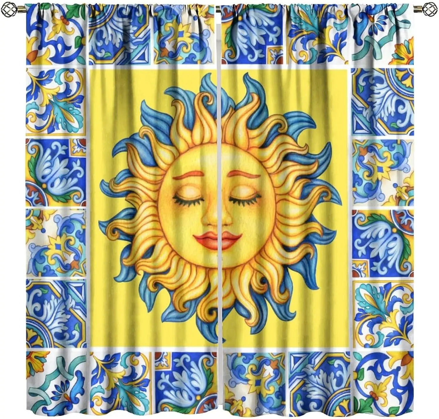 Decorative Sun Face Curtain Yellow Blue Pattern Light Filtering Window Panels Curtains for Living Room Home Decor Boho Chic Styl