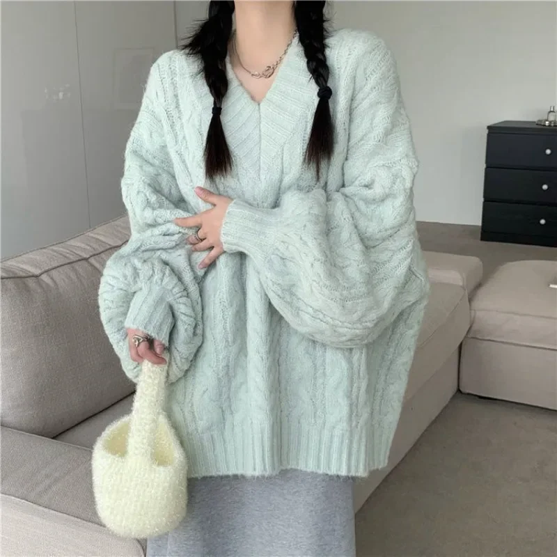 Women Chic Cable Jumper V-Neck Loose Casual Knit Sweater Autumn Witner New Lantern Sleeve Knitted Pullovers Fisherman Sweater