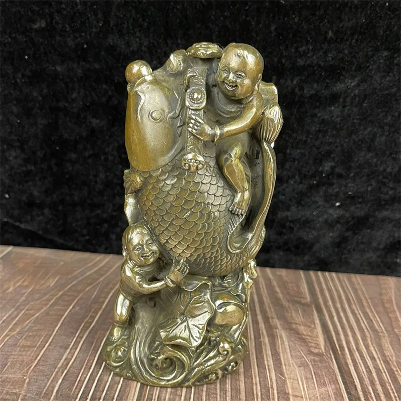 

New Year Bronze Statue Carp Children's Sculpture Brass Antique Old Carp Children's Ornaments
