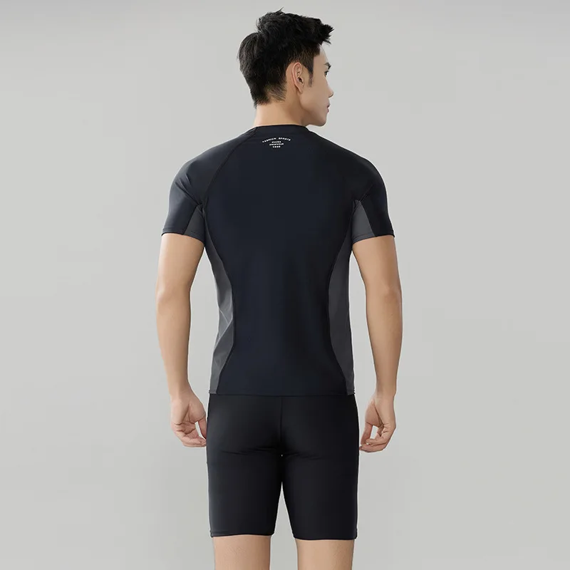 Men Two Piece Outdoor Water Sports Beach Surfing Swim Shirt+Trunks UPF50+ Short Sleeve Quick-Drying Bathing Athletic Rash Guard