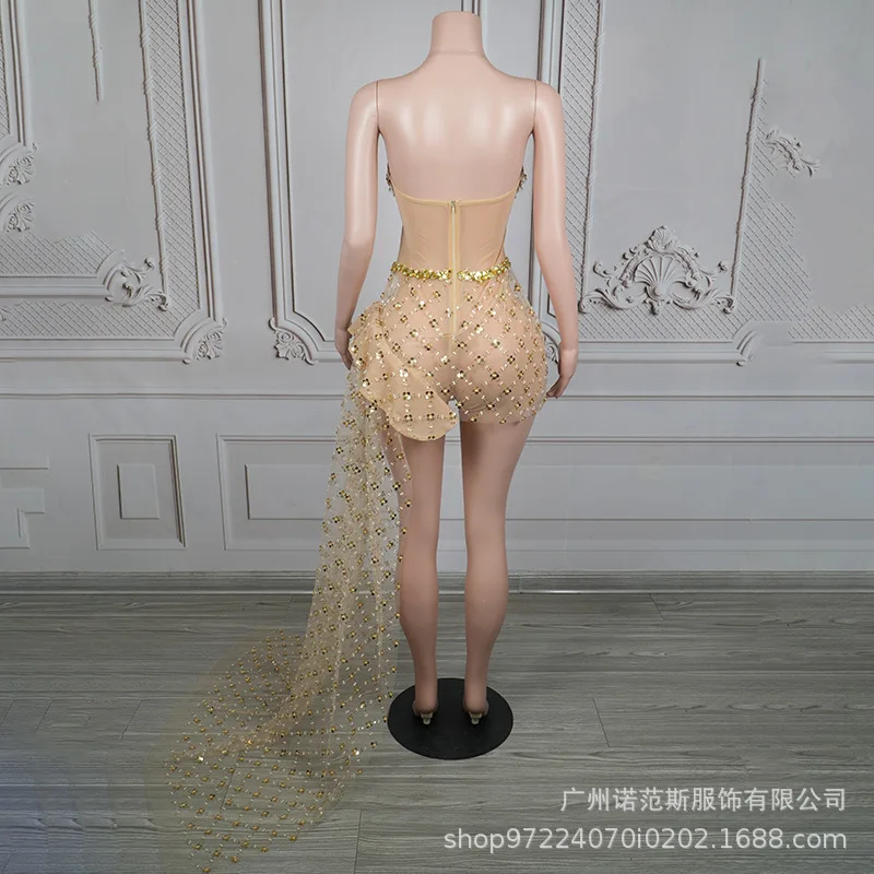 Luxe Gouden Diamant Mesh Trailing Temperament Korte Jurk Sexy Party Prestaties Kleding Vakantie Stijl Glanzende Jurk Sexy Jurken