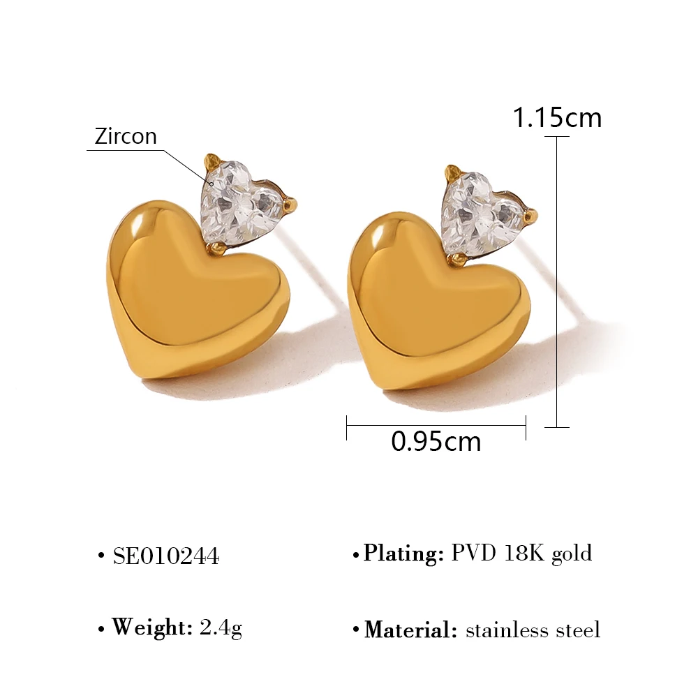 WILD & FREE Prachtige roestvrijstalen hart kleine oorknopjes voor vrouwen chique zirkoon luxe 18K vergulde trendy sieraden