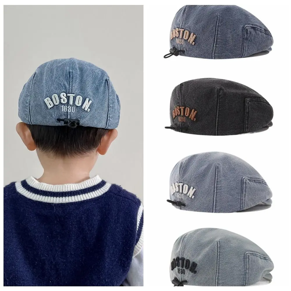 Fashion Solid Color Kids Denim Beret Embroidered Letter Drawstring Peaked Cap All-match Forward Hat Newsboy Cap Outdoor