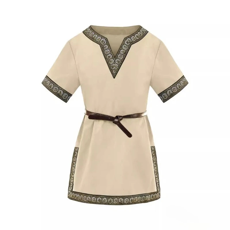 Children's Renaissance Medieval Vintage V-Neck Short Sleeve Medium Long Shirt
