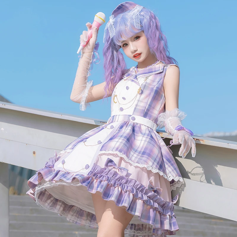 الأرجواني منقوشة فستان النجوم تألق الأرجواني ليتل المعبود المرحلة الزي الأصلي لوليتا فستان بلا أكمام + قبعة + قفازات