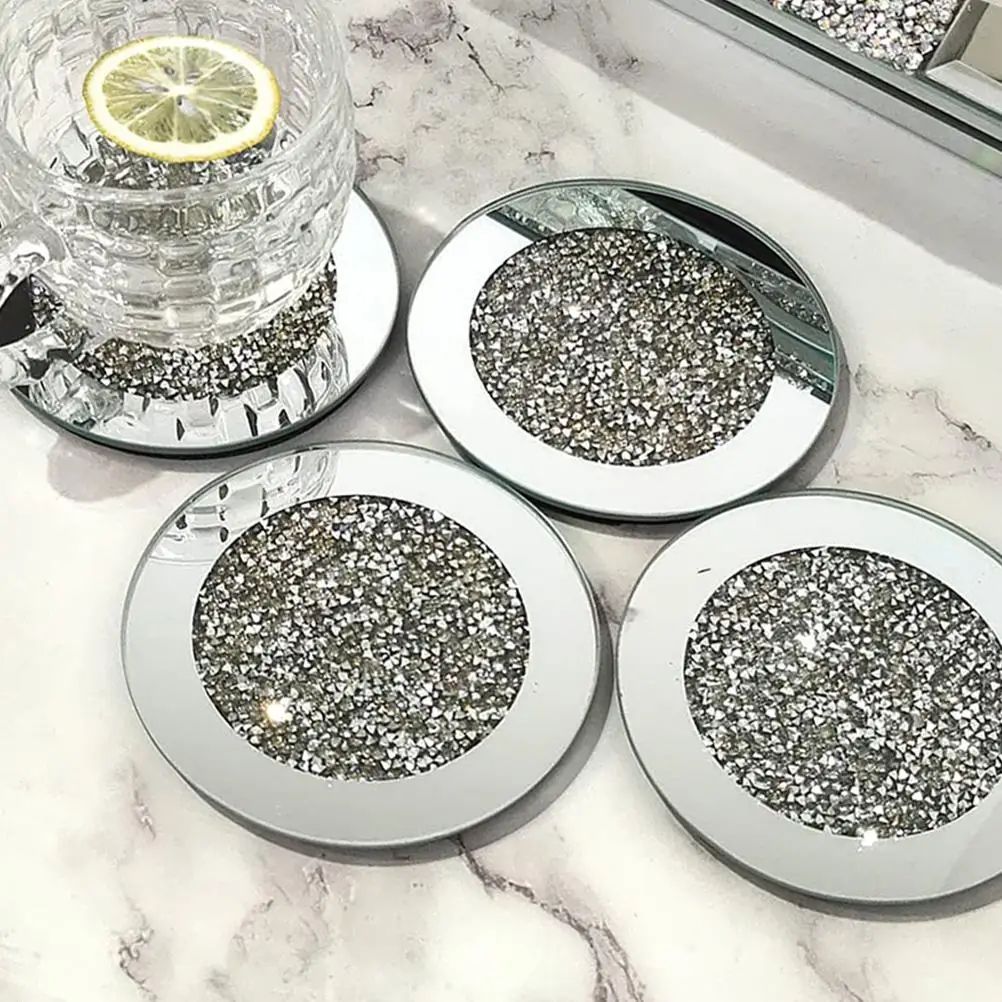 

Kitchen Glass Mirrored Coaster 4x4inch Crushed Diamond Cup Mat Tabletop Decor for Restaurant Bar Dining Table 4Pcs